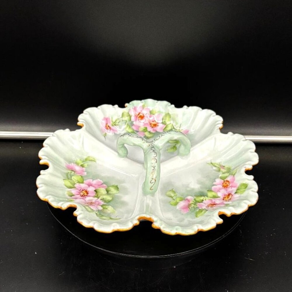 Vintage Art Nouveau Green Pink Floral Porcelain Divided Serving Dish Candy Nuts - Picture 3 of 6